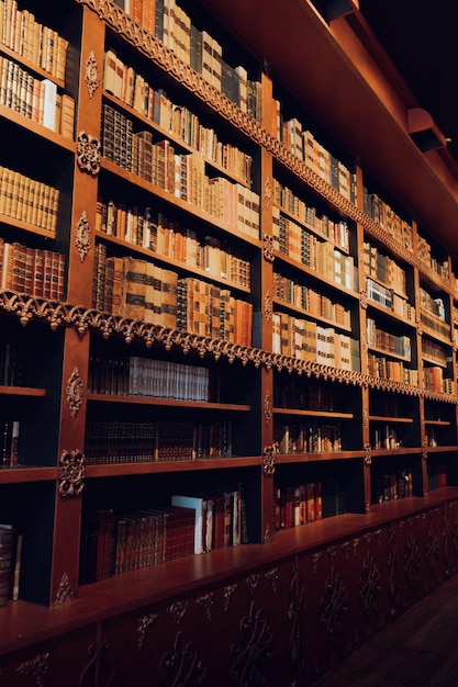 a library with many books on the shelves and a book shelf with the title the library