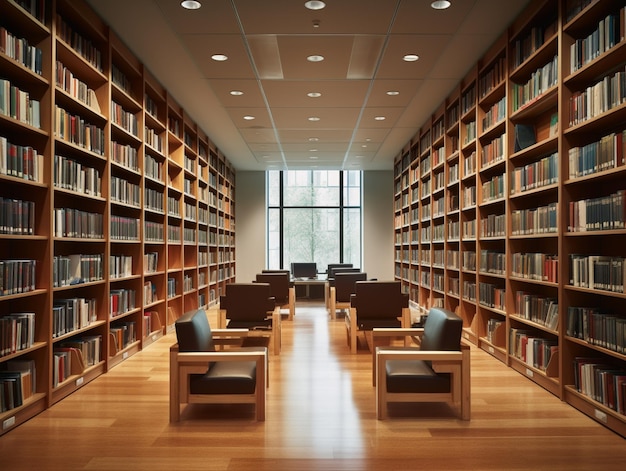 A library with many books on the shelves and a row of chairs with the word library on the bottom.