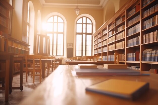 A library with many books on the table