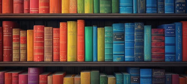 library with many colorful books in front of bookshelves