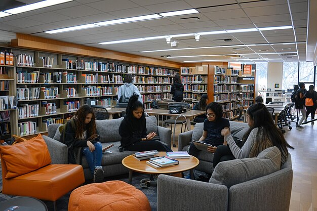 Photo a library with many people sitting on the couches