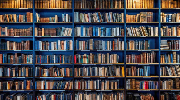 Photo a library with rows of books on shelves creating a space generative ai