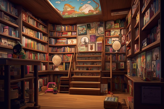 A library with a sky mural on the wall