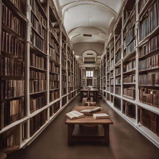 a library with a table and a book on the shelf