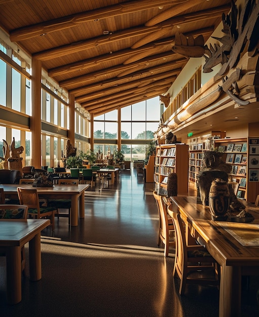 A library with a wooden ceiling and windows