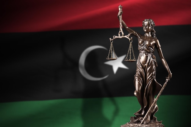 Libya flag with statue of lady justice and judicial scales in dark room Concept of judgement and punishment