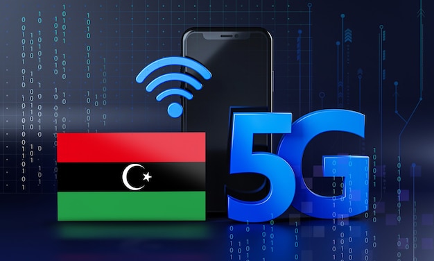 5G 연결 개념을위한 리비아 준비. 3D 렌더링 스마트 폰 기술 배경