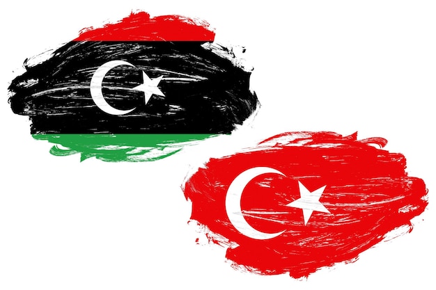 Libya and turkey flag together on a white stroke brush background