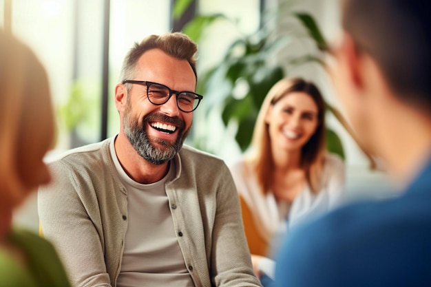 A licensed professional therapist leading an open and sincere group session displaying true empathy