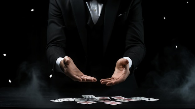 Lichaamsdeel van een mannelijke goochelaar die een goocheltruc toont