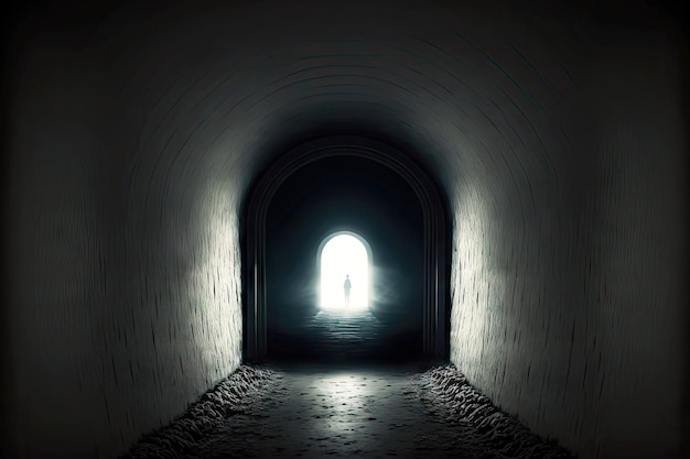 Licht aan het einde van de donkere tunnel in de vorm van een gebogen deuropening
