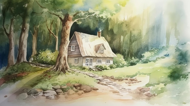 Licht aquarel huisje in het bos