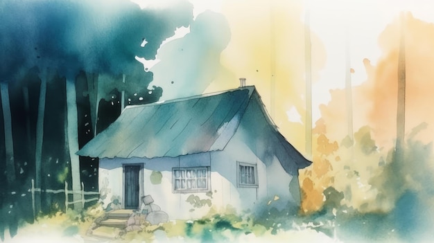 Licht aquarel huisje in het bos