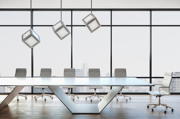 Licht betonnen vergaderzaalinterieur met meubilair en uitzicht op de stad 3D-rendering