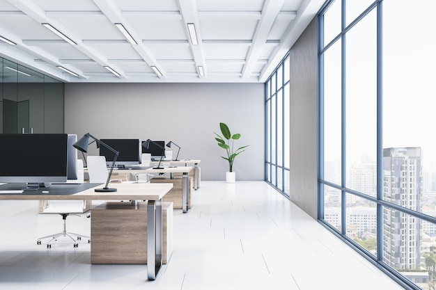 Licht coworking kantoorinterieur met meubelraam met glazen wanden met uitzicht op de stad en andere objecten 3D-rendering