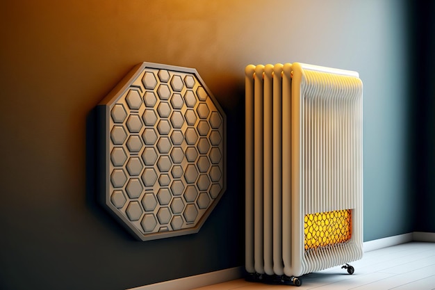 Licht crèmekleurige verwarmingsradiator met gouden inzet en decoratief wandpaneel in honingraatvorm