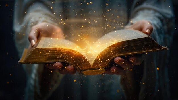 Foto licht dat uit het boek in de handen van de vrouw komt in het gebaar van het geven van een offer. concept van wijsheid, religie, lezen, verbeelding.