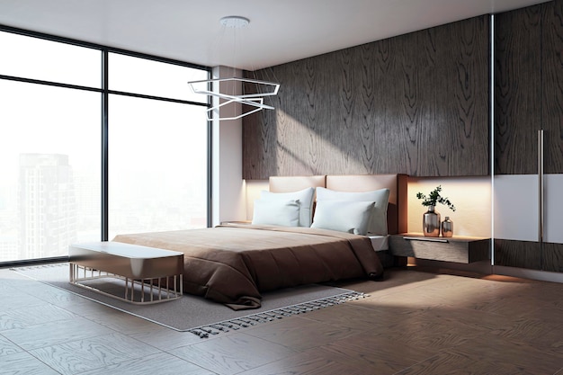 Licht design slaapkamer interieur met panoramisch raam en uitzicht op de stad king size bed en zonlicht Hotel kamer concept 3D Rendering