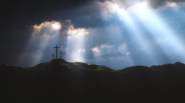 Licht en wolken op de heuvel Golgotha De dood en opstanding van Jezus Christus en het Heilige Kruis