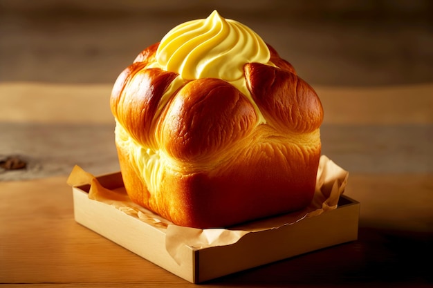 Licht gouden boterdessert brioche op houten tafel