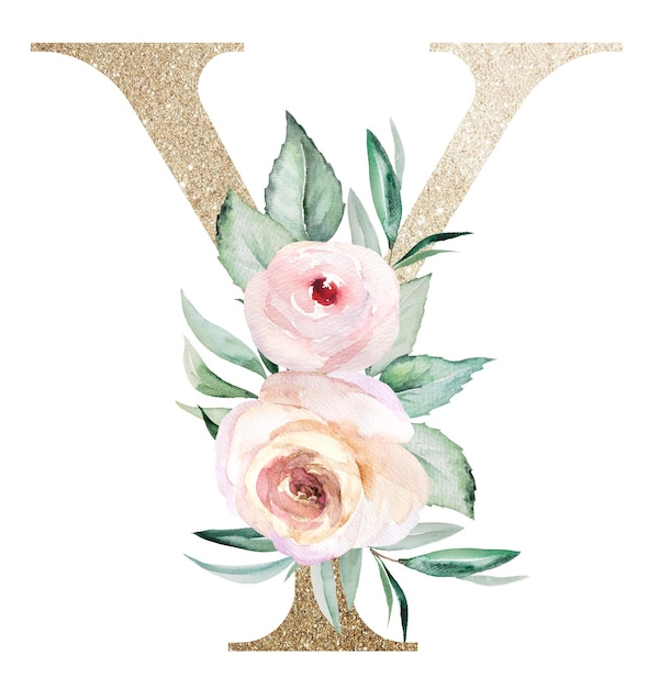 Licht gouden Letter Y met aquarel rozen en bladeren Pastel bloemen alfabet