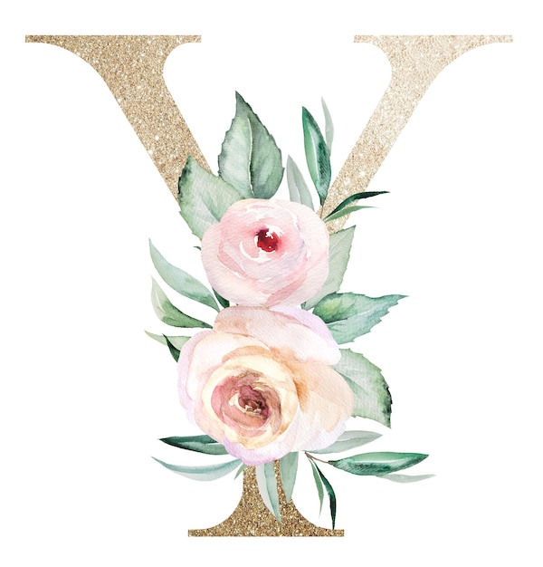 Licht gouden letter y met aquarel rozen en bladeren pastel bloemen alfabet