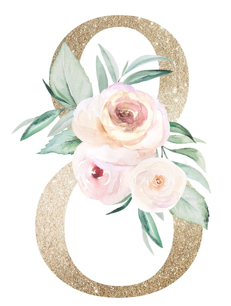 Licht gouden nummer 8 met aquarel rozen en bladeren Pastel bloemen alfabet