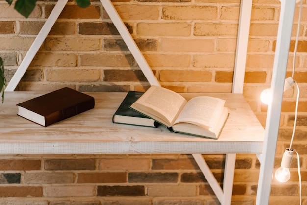 Licht houten boekenplanken met gebonden boeken in wit interieur binnenbloemen op de planken thuisbibliotheek biofiel ontwerp en planten