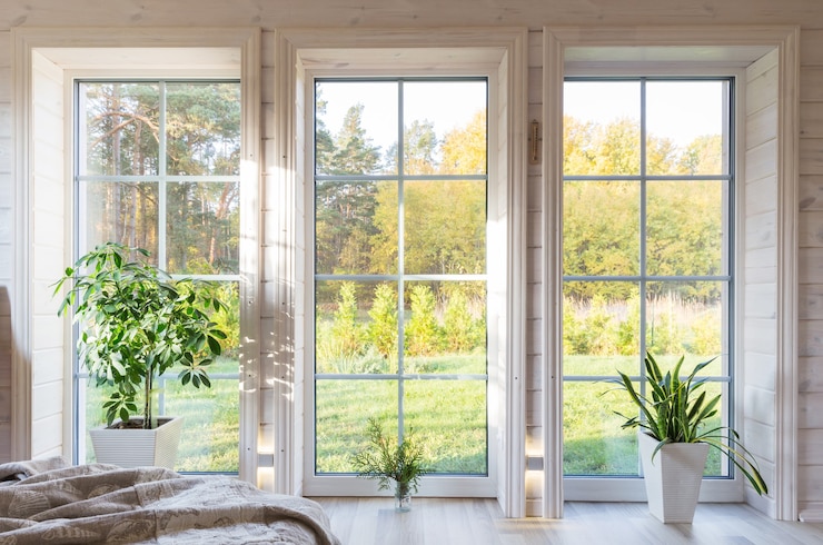 Foto licht interieur van de kamer in houten huis met een groot raam met uitzicht op de binnenplaats van de herfst. gouden herfstlandschap in wit venster. huis en tuin, herfstconcept. plant sansevieria trifasciata