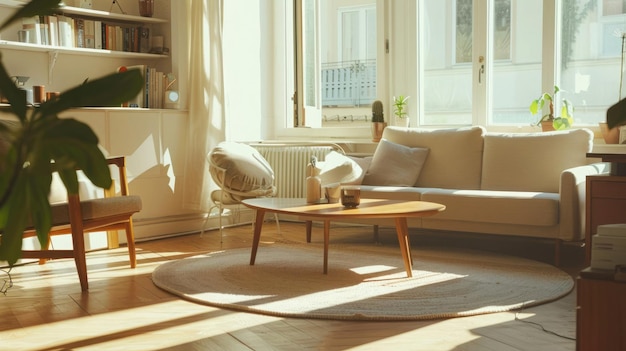 Licht minimalistische Scandinavische woonkamer gedempte tonen met slanke houten accenten