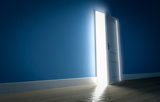Foto licht schijnt door open deur in donkere kamer met blauwe muren en houten vloer. 3d render
