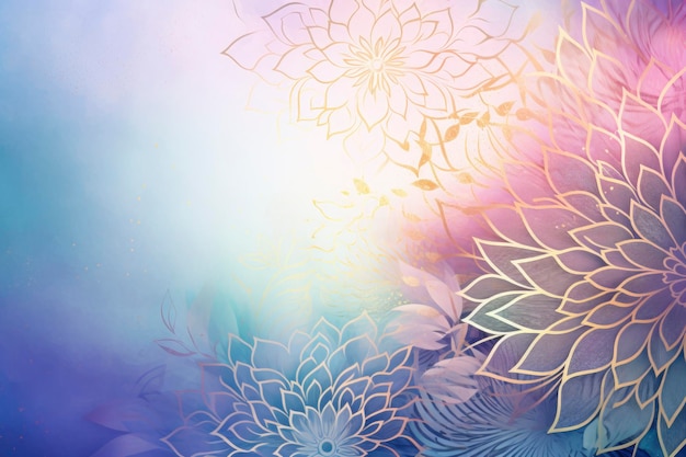 lichtblauwe achtergrond met subtiel goud gevoerd en paars bloemenpatroon
