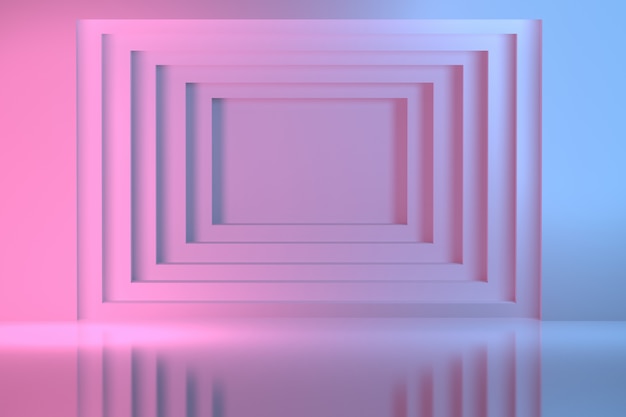 Lichtblauwe en roze geometrische vierkante tunnel in de muur. Abstract beeld voor presentatie met kopie lege ruimte in het midden.