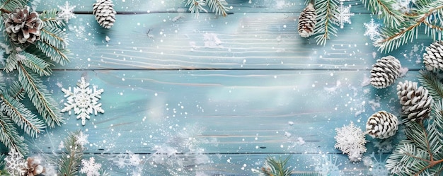 Foto lichtblauwe houten achtergrond met sneeuw en dennenkegel sneeuwvlokken kerstversieringen