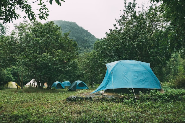 Lichtblauwe koepeltent en bergketenlandschappen op de achtergrond Toeristenkamp met veel tenten in het bos