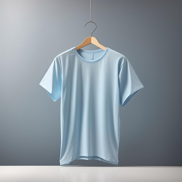 Foto lichtblauwe t-shirt op een hanger op witte achtergrond