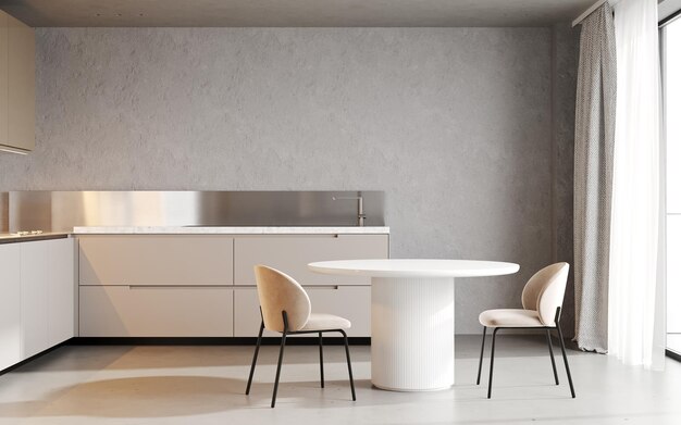 Lichte keuken in minimalistische stijl met betonnen 3D-rendering