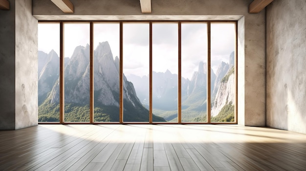 Lichte lege moderne kamer met een berglandschap in het raam