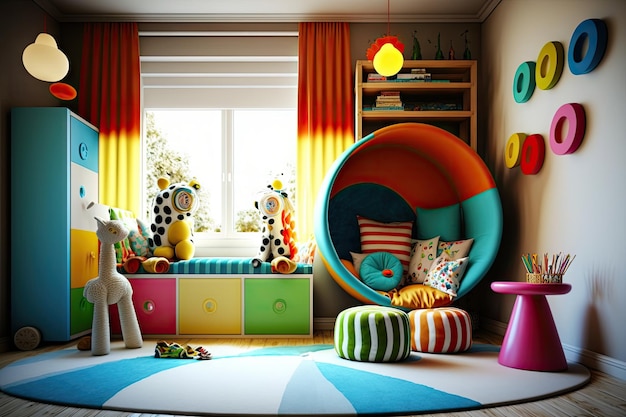 Lichte moderne kinderkamer met kleurrijk meubelspeelgoed en kinderboeken gemaakt met generatieve AI