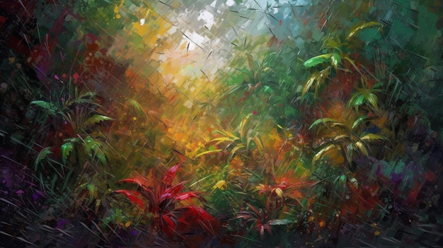 Lichte regenachtige kleurrijke jungle ruwe textuur impasto brush Ai gegenereerde kunst