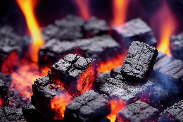 Lichte rook stijgt op uit hete houtskoolbriketten die in de oven branden