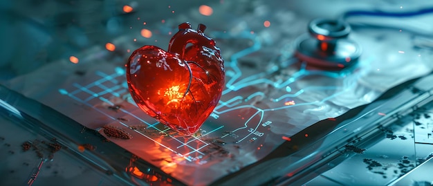 Lichtend rood menselijk hart op technologische achtergrond concept van medische innovatie kunstmatige intelligentie in de gezondheidszorg AI
