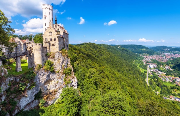 Lichtenstein Castle on mountain top in summer Germany Europe