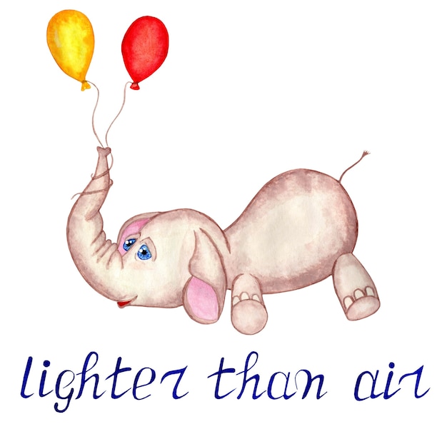 lichter dan lucht tekst olifant met ballonnen kinder illustratie voor ansichtkaarten geïsoleerd