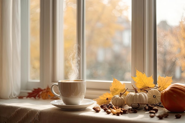 Lichtfoto Uitzicht vanuit het raam herfst Een kop warme koffie met stoom op de vensterbank Daar ligt een boek Gezellige huiselijke sfeer Deze foto is gemaakt met Leonardo AI