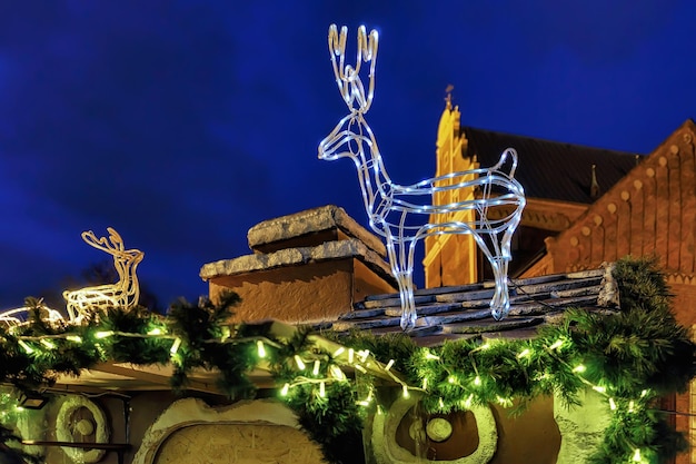 Lichtgevende hertenfiguur bovenop de stal tijdens de kerstmarkt in het oude Riga, Letland. De markt vindt plaats dwars door de oude stad en vooral op het Koepelplein in het hart van de stad.