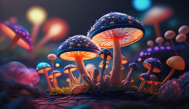 Lichtgevende Kleurrijke Paddestoelen in een Psychedelische Space Fantasy Generative ai