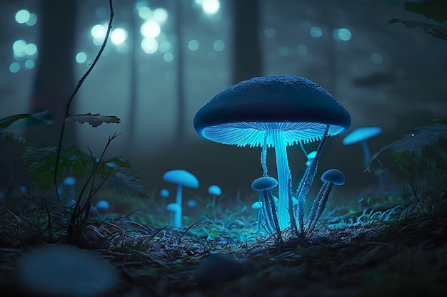 Lichtgevende paddenstoelen gloeien in het donkere bos