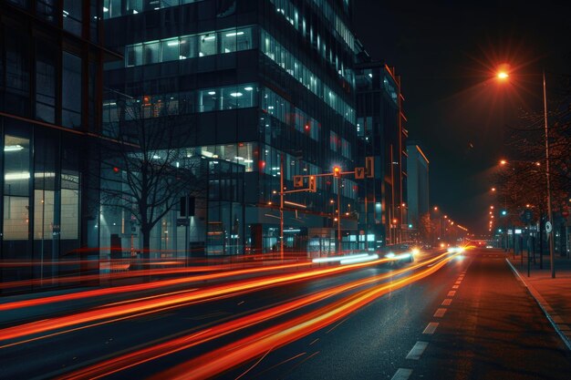 Lichtpaden op de stadsweg met een achtergrond van moderne gebouwen