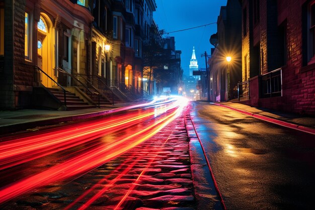 Foto lichtpaden op een stadsstraat's nachts